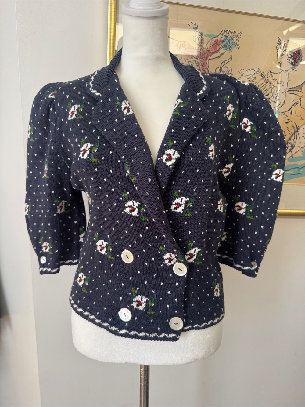 Cullinane 80s navy cotton knit short puff sleeves floral crop top
